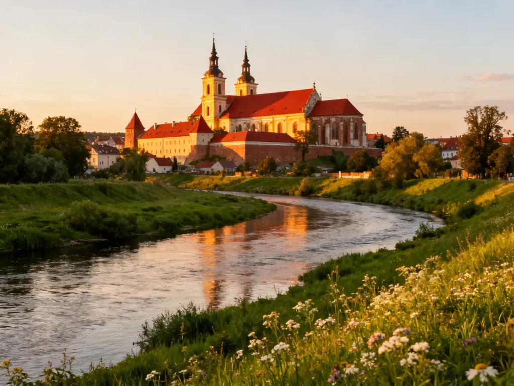 Rzeka Prosna wijąca się przez historyczne miasto z widocznym w tle zabytkowym klasztorem paulinów w blasku zachodzącego słońca.