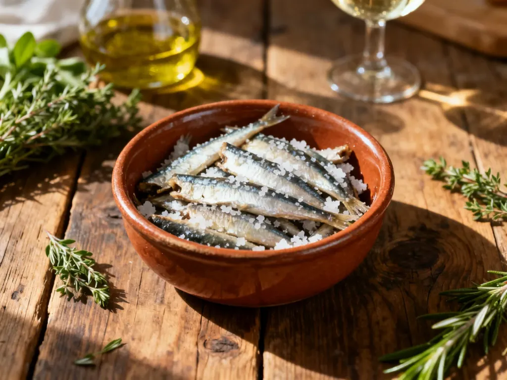 Miska z solonymi filetami anchois na rustykalnym stole, w otoczeniu ziół, oliwy i wina w słonecznym świetle.