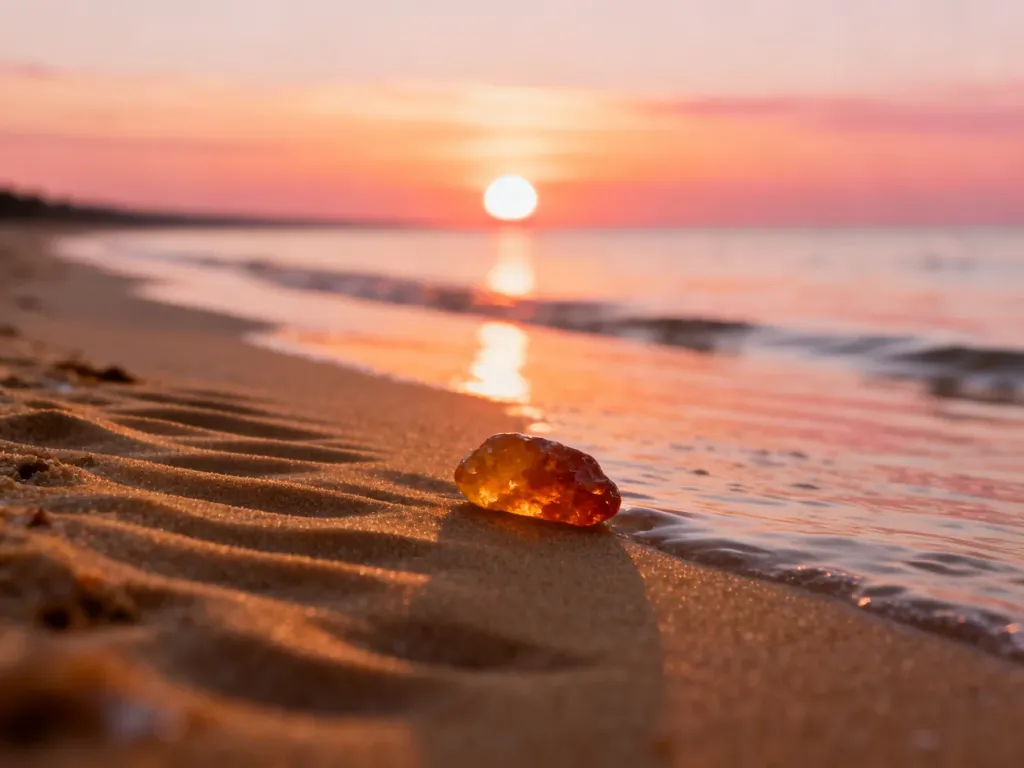 Wschód słońca nad spokojnym morzem w Jantarze z kawałkiem bursztynu na piaszczystej plaży.