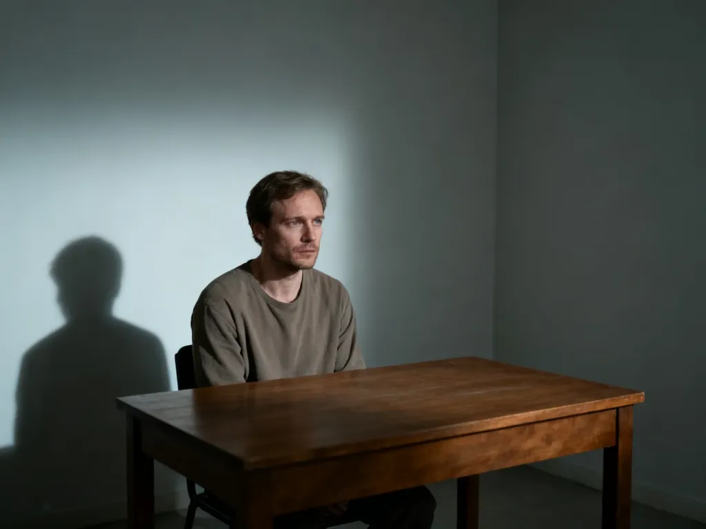 Samotny mężczyzna siedzący przy biurku w minimalistycznym wnętrzu, oddający nastrój wycofania i refleksji.