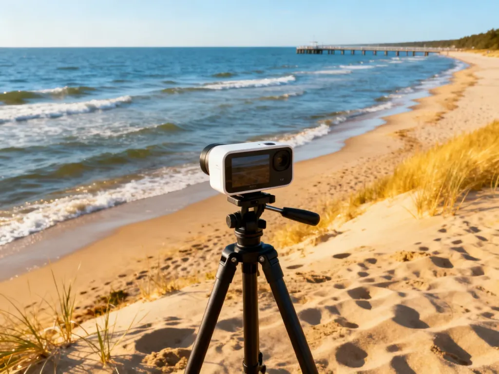 Widok na piaszczystą plażę w Chłopach z kamerą transmitującą obraz na żywo oraz spokojne morze w słoneczny dzień.