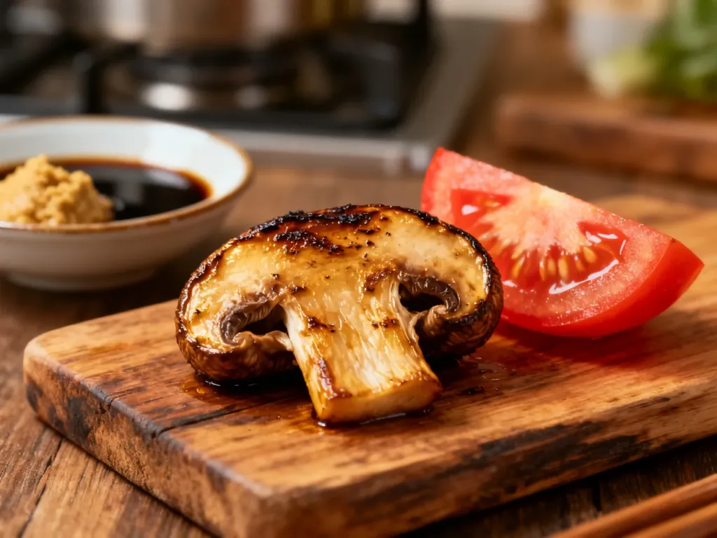Zbliżenie na podsmażonego grzyba shiitake i pomidora, podkreślające produkty bogate w smak umami.