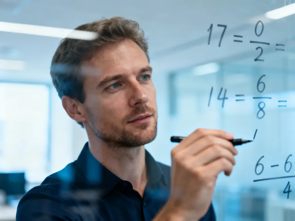 Mężczyzna zapisujący ułamki i równania matematyczne na szklanej tablicy w nowoczesnym biurze.