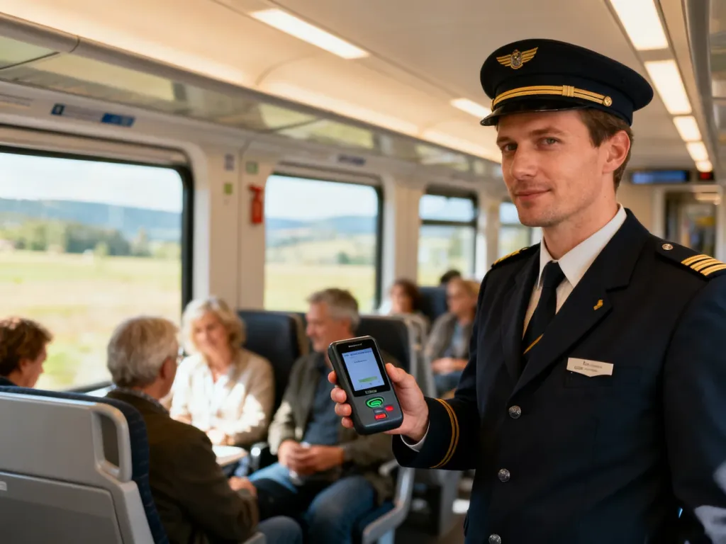 Konduktor w nowoczesnym pociągu sprawdza bilet za pomocą mobilnego czytnika, dbając o obsługę pasażerów.