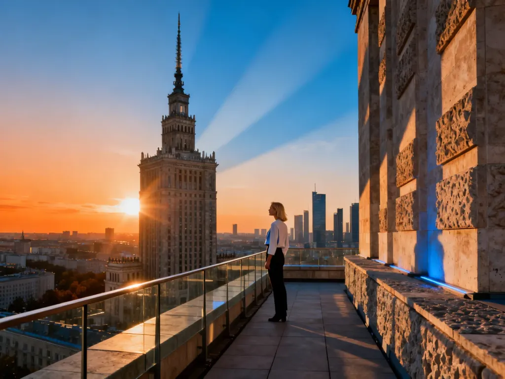 Kobieta na tarasie podziwiająca panoramę Warszawy z Pałacem Kultury i Nauki w świetle zachodzącego słońca.
