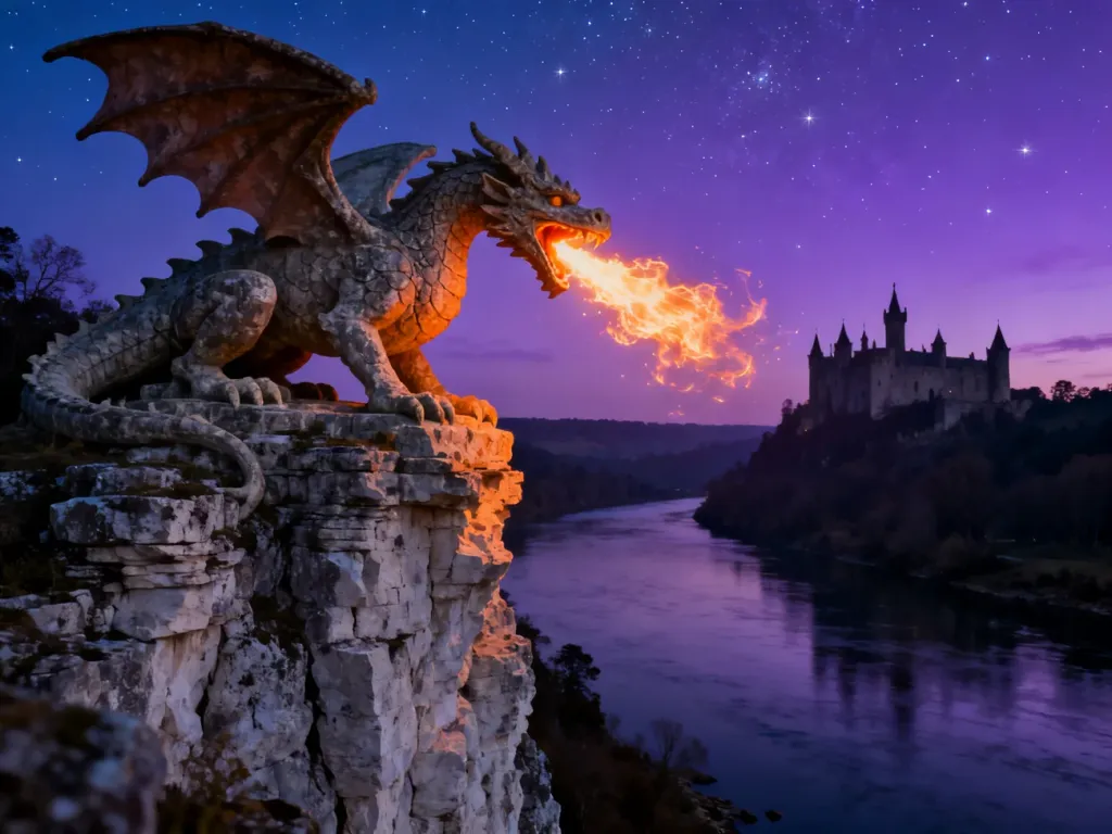 Kamienny smok na skale nad rzeką, z którego paszczy wydobywa się magiczny ogień na tle średniowiecznego zamku o zmierzchu.