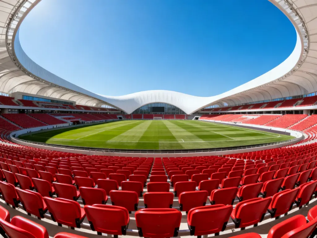 Puste czerwone trybuny Stadionu Narodowego z widokiem na murawę i charakterystyczny biały dach w słoneczny dzień.