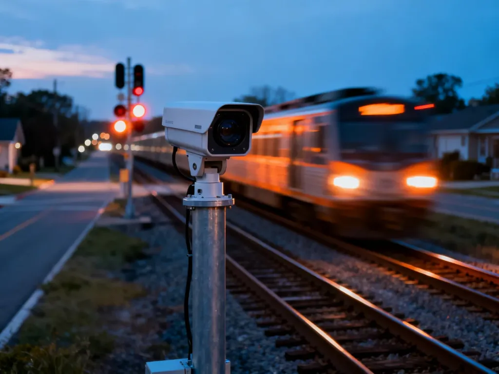 Nowoczesna kamera monitoringu skierowana na przejazd kolejowy o zmroku, rejestrująca przejeżdżający w tle pociąg.