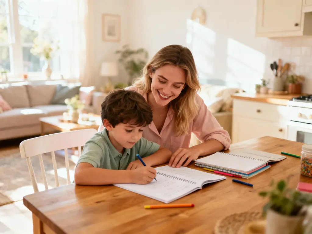 Au pair uśmiecha się, pomagając dziecku w odrabianiu lekcji przy drewnianym stole w przytulnym domu.