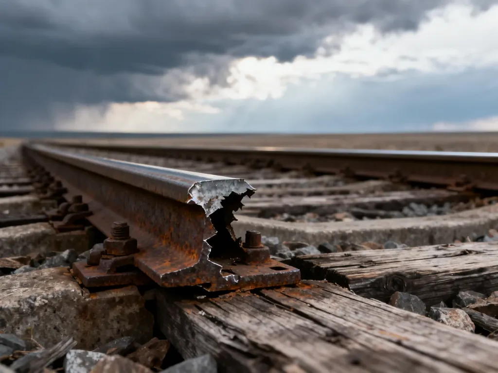 Uszkodzony fragment torów kolejowych z wyrwą w szynie, ukazujący zagrożenie dla bezpieczeństwa ruchu pociągów.