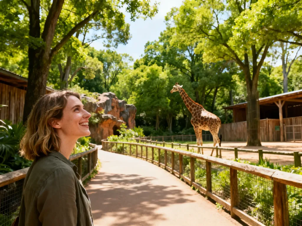 Uśmiechnięta kobieta obserwuje żyrafę na wybiegu w otoczeniu bujnej zieleni krakowskiego ogrodu zoologicznego.
