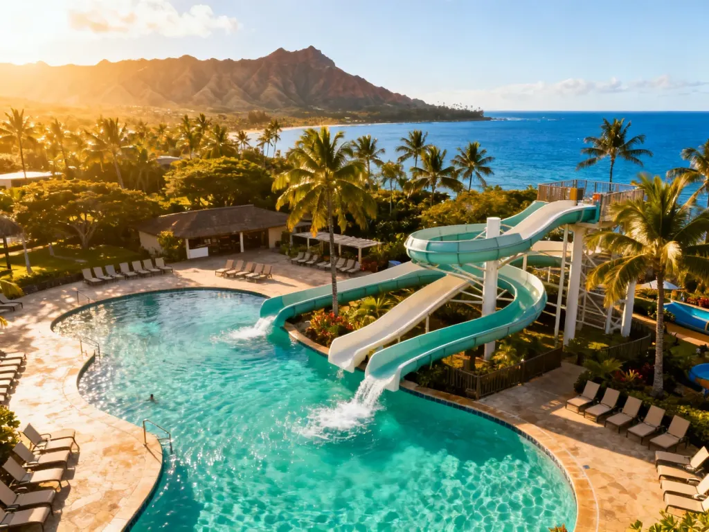Widok z góry na luksusowy park wodny w Hawaii Paradise Aqua Park Resort z basenami, zjeżdżalniami i tropikalnym otoczeniem.