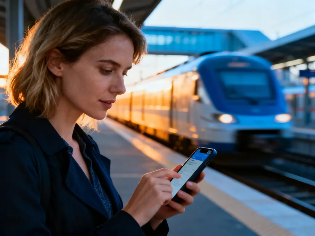 Kobieta sprawdza bilet w smartfonie na peronie kolejowym, przygotowując się do podróży pociągiem.